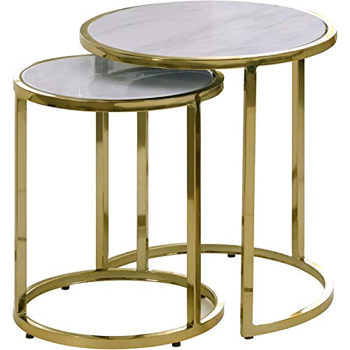Meridian FurnitureMassimo Collection Modern | Contemporary Gold Steel 2 Piece Nested End Tables with Faux Marble Top, 20" W x 20" D x 22" H