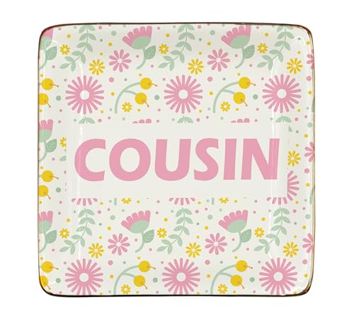 WODMIS Vassoio in ceramica per gioielli con cugino, piatto per gioielli di compleanno alla moda, piatto per gioielli di compleanno, anello per cugini, regalo di nozze per cugini, regalo per cugini e