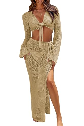 Image of Cakulo Women's Crochet Cover Up 2 Piece Beach Skirt Sets | Hollow Out, Tie Front Crop Tops, Bell Sleeve, Sarong Wraps, Swimsuit Bathing Suit Coverup, Resort Wear Beach Vacation Outfits