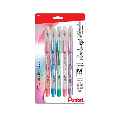 Pentel Sunburst Metallic Gel Pen, Medium Line, Permanent, Assorted Ink, 5 Pack (K908MBP5M)