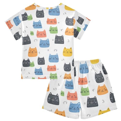 ALAZA Black Blue Orange Kitten Cat Pajamas Set Short Sleeve Cotton Sleepwear Summer Pjs 2 Piece 5-14Y2