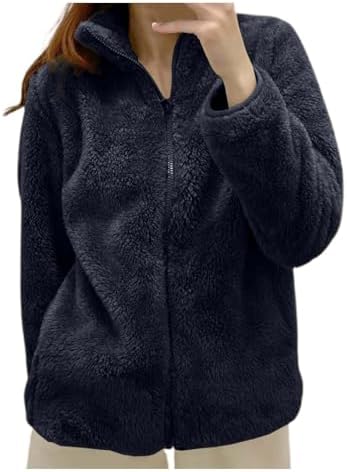 Sherpa Jacket Women Fleece Lined Fuzzy Zip Up Stand Collar Long Sleeve Teddy Jackets Winter Warm Y2K Fluffy Sweater Outerwear