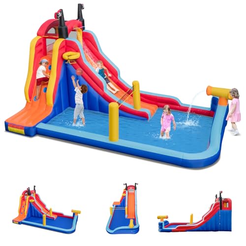 GOPLUS Grand Château Gonflable avec Toboggan, Panier de Basket, Murs d’Escalade et Piscine, Maison Gonflable avec Gamme Complète d'Accessoires, Parc...