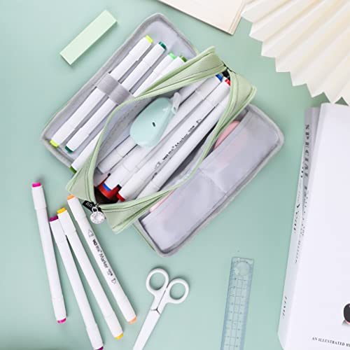Image of iSuperb Large Pencil Case 3 Compartments Pencil Pouch Big Capacity Pencil Bag Oxford Stationery Storage Pen Bag Cosmetic Makeup Pouch for Women (Green)