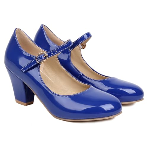 Women's Chunky High Heels Dress Pumps Shoes Round Toe Patent Leather Wedding Party Mary Jane Shoes2