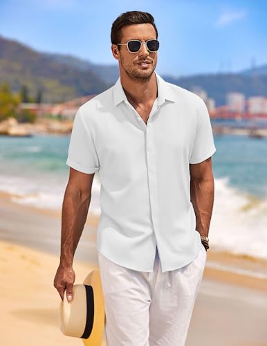 Image of COOFANDY Men's Linen Shirts Short Sleeve Casual Shirts Button Down Shirt for Men Beach Summer Wedding Shirt