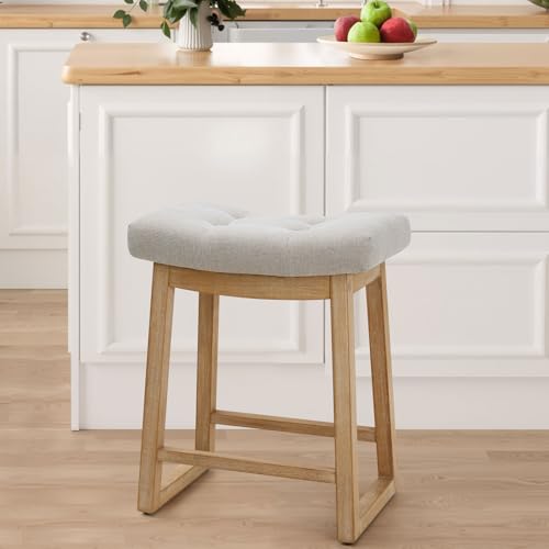 Image of Counter Height Bar Stool, 24 Inch Backless Upholstered Bar Stool with Wood Legs, Modern Farmhouse Saddle Stool for Kitchen Island, Home Bar, Beige Fabric