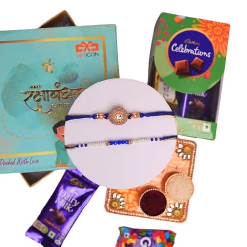 Gifticon Rakhi for Brother Bundled with Chocolate Gift Set - Designer Rakhis for Brother Bhaiya with Celebration 50 Chocolates Pack - Rakhi Set of 2 | IB-2R-CB50-BluePendalThreadSet
