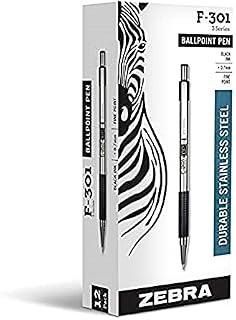 Zebra Pen F-301 Retractable Ballpoint Stainless Steel Pen, Premium Metal Barrel, Medium Point, 1.0mm, Black Ink, 12-Pack