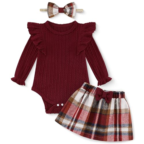 Image of Weixinbuy Baby Girl Fall Skirt Outfits Toddler Long Sleeve Romper Plaid Skirt with Headband Newborn Infant 0-18M Clothes Set