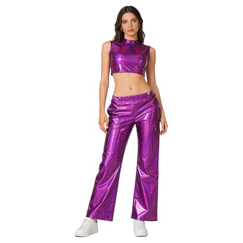 Survêtement femme violet M ensemble crop top et pantalon métalliques MSemis