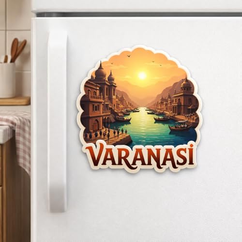 Image of Naxon Varanasi Kashi Vishwanath City Theme Souvenir Wooden Fridge Magnet | Spiritual City Design 3x3 Inch Refrigerator Magnet for Kitchen & Home Decor | Travel Gift from Varanasi | Pack of 1
