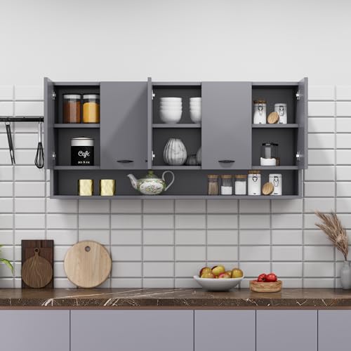Image of Bniture Engineered Wood Wall-Mount Kitchen Cabinet | Modular Kitchen Storage Cabinet with Shelves & 5 Doors | Space-Saving Wall Cabinet for Kitchen (Slate Grey)