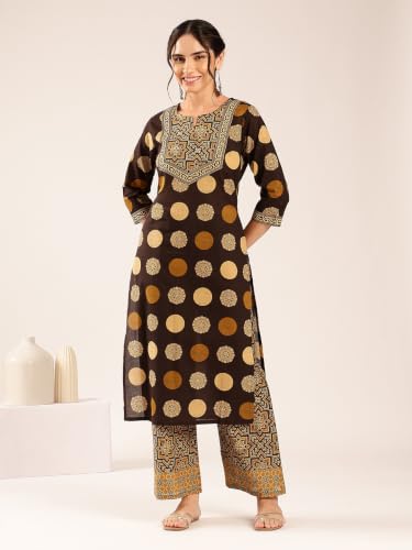 Image of Vbuyz Women's Printed & Hand Work Straight Cotton Blend Parrot Green Kurta,Pant with Dupatta | Kurta Set with Dupatta for Women | Suit Set | Ethnic Set | Printed Kurta Set | Salwar Set for Women