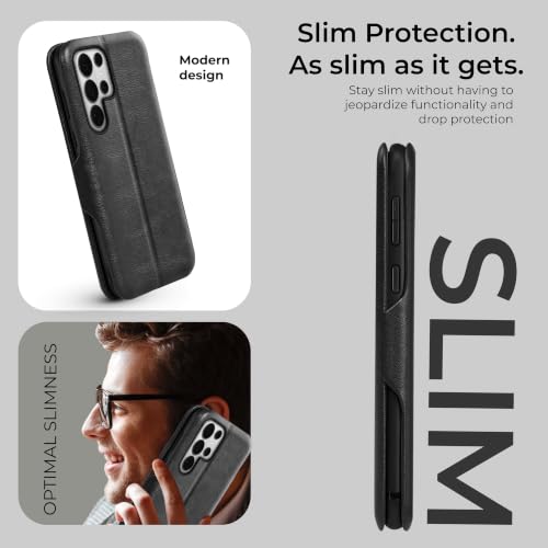 Image of PULOKA Premium Vegan Leather Phone Cover with Card Slot - Compatible with Samsung Galaxy S25 Ultra - Sleek Flip Case, Slim, Durable, Privacy Protection, Kickstand Function (Black)