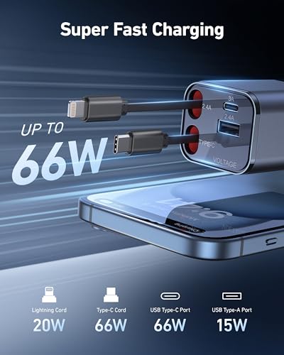 4 in 1 Retractable Car Charger, 4-in-1 Fast Car Phone Charger with 2 Retractable Cables 2.5FT and 2 USB Ports Compatible with i Phone 15/14/13/12/11 Pro Max/XR/XS,Galaxy,Pixel,iPad/iPod