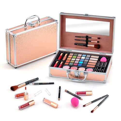 Makeup Kit for Women,All in One Makeup Gift Set for Girls in Cosmetic Train Case (Gold) With Mirror,Full Starter Cosmetic Kit Includes Eyeshadow Palette,Lipgloss,Blushes