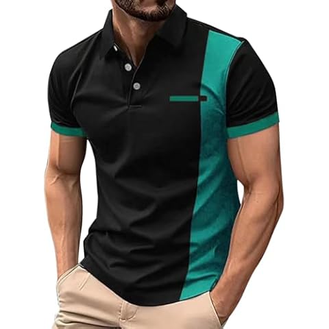 Mens Casual Long Sleeve Polo Shirts Contrast Color Patchwork Cotton Tee Tops Short Sleeve Shirts Cover