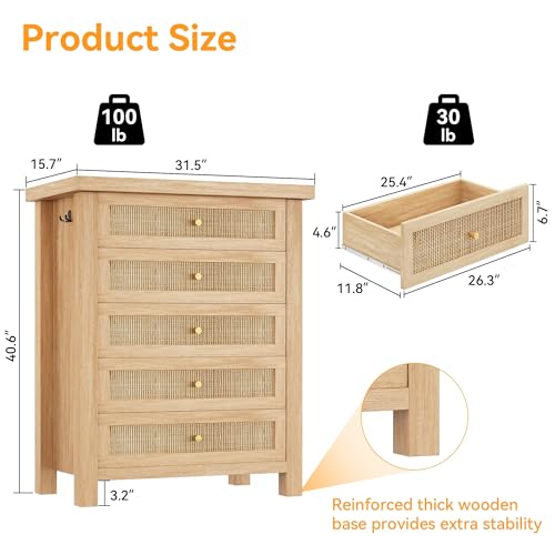 Image of Natural Rattan Dresser for Bedroom with 5 Drawers, Wood Boho Chest of Drawers with Gold Metal Handle, Matte Top Bedroom Tall Dresser with Large Drawers for Living Room, Closet, Hallway, (Nartual)