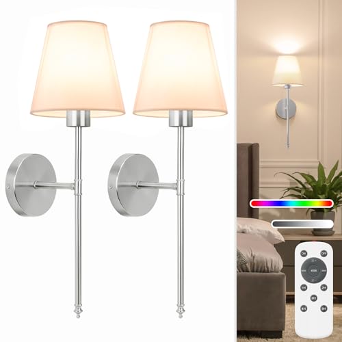 Image of NIORSUN 19.9 inch Battery Operated Wall Sconce Set of 2,Brushed Nickel Rechargeable Wall Lights with 10400mAh Dimmable Detachable Bulbs and Remote,10 Colors Wireless Sconces for Bedroom Living Room