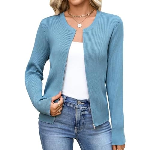 Totatuit Womens Long Sleeve Zip Up Sweater Cardigans Knitted Lightweight Zipper Jacket Gray Blue Small
