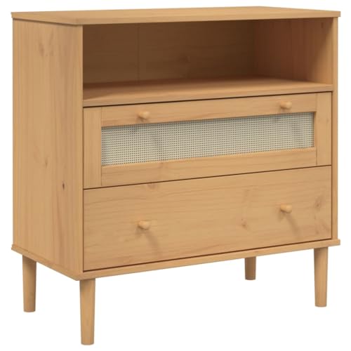 XHNIFBN Buffet SENJA Aspect Rotin Marron 80x40x80 cm en Bois de Pin Massif Vernis UV - Commode de Rangement Style Bohème avec 2 Tiroirs et Compartiment pour...