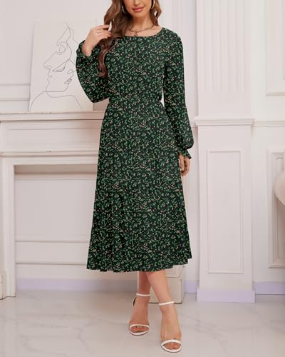 Image of CYiNu Women's Midi Dresses Long Sleeve Crew Neck Flowy Casual Floral Boho Tiered Chiffon Smocked Elegant Dress
