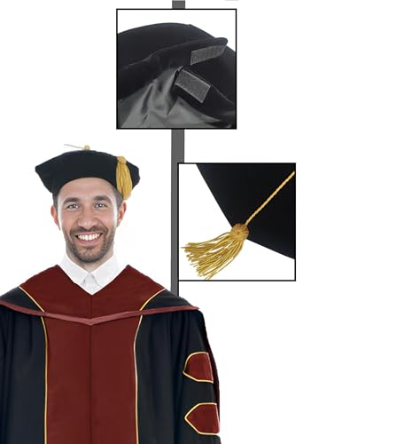 Image of Deluxe Graduation Doctoral Gown Doctoral Hood and Tam 8 Sided Package with Gold Piping Doctoral Regalia