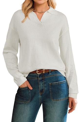 Arach&Cloz Womens 2026 Spring Cotton V Neck Long Sleeve Polo Collared Shirts Lightweight Sweaters Tops Business Casual OutfitsEyelet Knit Dressy Work Clothes Old Money Outfits Beige S