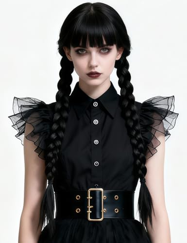 Juziviee Girls Braided Black Wigs for Gothic Costume Women Cute Soft Black Wig with Bangs for Halloween Costume Cosplay JZ025BK