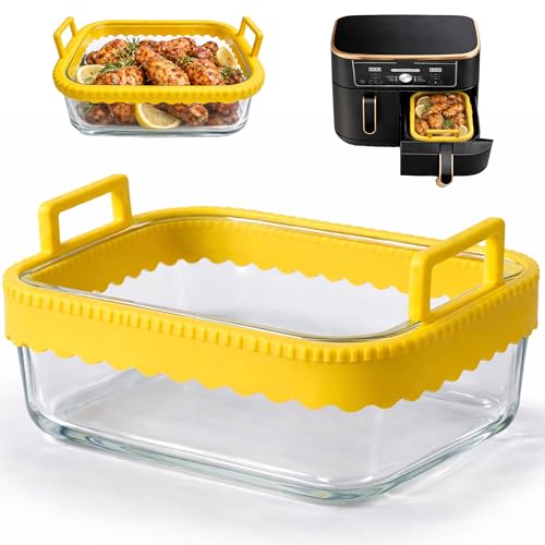 Hivio Auflaufform Airfryer für Ninja Heißluftfritteuse AF400EU/DZ400EU/AF500EU/COSORI Heißluftfritteuse 2 Kammern Glas Airfryer Zubehör BPA-frei Herausnehmbarer Silikonring Spülmaschinenfest