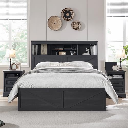 Queen Size Wood Bed Frame Farmhouse with 52 Tall Storage Bookcase Headboard LED LightCharging Station4 Drawers and Solid Wood Slats SupportNoiselessNo Box Spring Needed Black