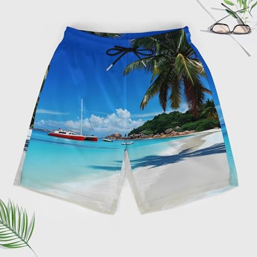 Praslin Island Surfing Beach Scenic View Mens Swim Trunks Quick Dry Beach Board Shorts with Pockets4