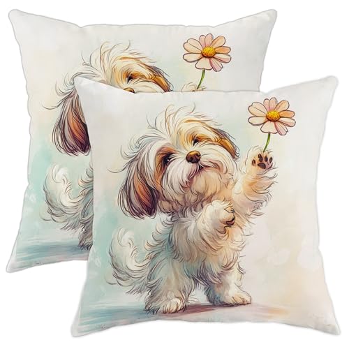 Cute Puppy Pillow Covers Set of 2, Beige and White Animal Floral Throw Cushions, Fun Decorative Cushion Cases for Kids Room Sofa Bed Couch 16x16 Inch