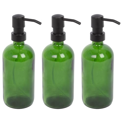 Harbour Housewares Green Glass Soap Dispensers Pack of 3-500ml Refillable Bottles with Black Pumps - Bathroom and Kitchen Accessories for Hand Wash, Lotion or Washing Up Liquid