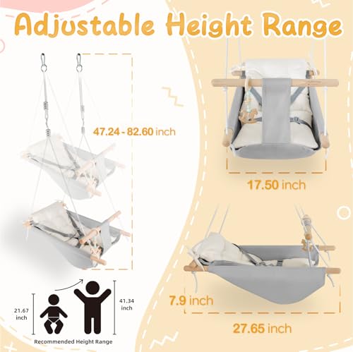 Image of Baby Swing Indoor and Outdoor, Canvas Hammock Swing for Baby to Toddler with a Comfortable Seat, Macaroon Wooden Toy, Adjustable 5-Point Harness,3 Modes,Gift for Baby Boys Girls, Grey&White