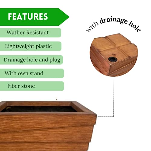 Elly Décor 12 Inch Square Fiberstone Planter,Wood-Like Design,Lightweight, Extremely Durable Garden Pot | Planter For Patio,Indoors And Outdoors | 12"X12" Brown #TOP2