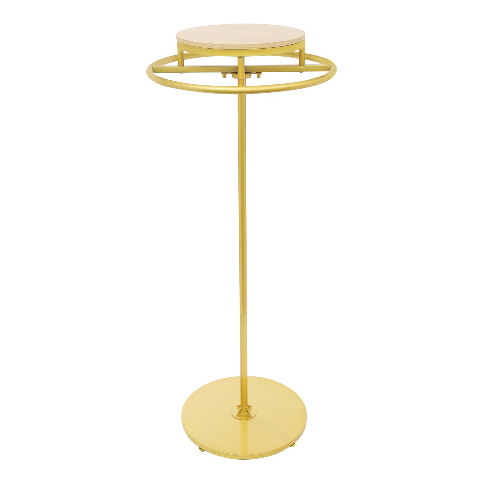 NEATOOM Round Garment Rack, Rotatable Clothes Display Rack with Top Wooden Board, Retail Clothing Display Stand for Clothing Stores, Boutiques (Gold, Log Color)
