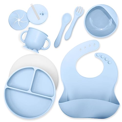 Baby Led Weaning - Silicone Baby Feeding Set - Baby Led Weaning Supplies - Baby Led Weaning Utensils - Silicone Plates For Baby - Silicone Bibs for Babies - 6 Month Old Baby Essentials - Baby Products