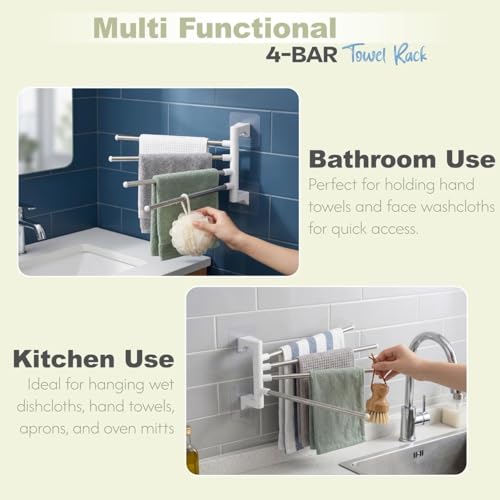 Image of Wall Mounted Adhesive Multi Bar Towel Holder Rack with Rotating Stainless Steel Rods and Side Hook for Bathroom Kitchen Use on Smooth Flat Surfaces (Towel Rack 001)