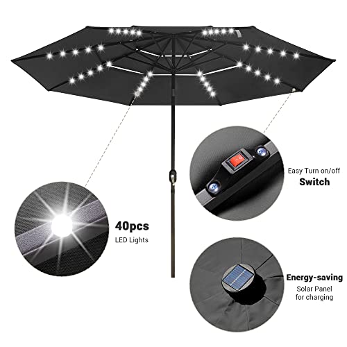10Ft Solar Patio Umbrella With 32 Led Solar Lights, 3 Layers Outdoor Umbrella With Tilt And Crank For Garden, Deck, Backyard, Pool And Beach (10Ft, Black) #TOP2