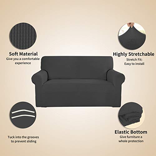 Image of Easy-Going Stretch 4 Seater Sofa Slipcover 1-Piece Sofa Cover Furniture Protector Couch Soft with Elastic Bottom for Kids, Polyester Spandex Jacquard Fabric Small Checks Dark Gray