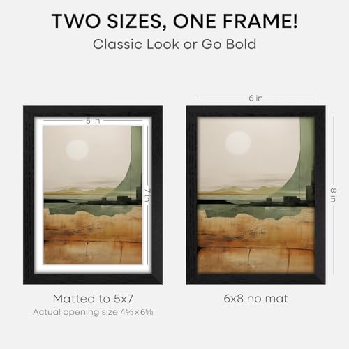Image of Homeforia 6x8 Black Oak Picture Frame, High-End Wood, 5x7 Mat, Glass | High End Solid Oak Wood, Tempered Glass, Acid-Free 5x7 Removable Mat, 6x8 Edge-to-Edge Display 8x6, Wall Kit, Set Of 2