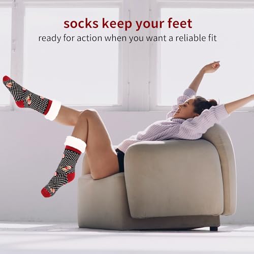 Image of JINBYJIN Fuzzy Socks for Women Cute Cozy Christmas Slipper with Grips Winter Home Sleeping Sherpa Leg Warmer Xmas Cabin Socks