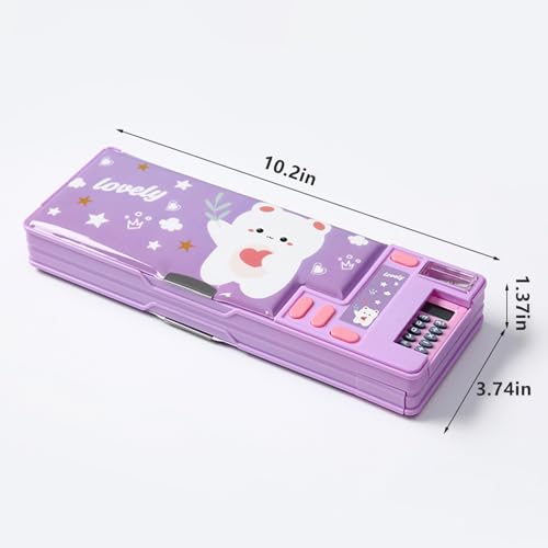 Image of Pop Up Multifunction Pencil Case, Cute Cartoon Pen Box Organizer Stationery with Calculators, Sharpener, Schedule, School Supplies, Best Birthday Gifts for Kids Teens (Purple)