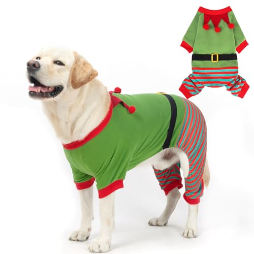 Image of Mihachi Christmas Dog Pajamas, Pet Costume Elf Dog Costume Clothes for Small Large Soft Pet Pjs Winter Warm Jammies, Stretchy Elf Clown Apparel for Puppy Christmas Party Supplies, Green XL