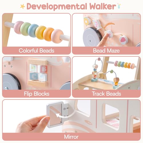 Image of ROBOTIME Wooden Baby Walker, Baby Push Walker, Activity Center Toys, Ajustable Speed Multi-Functional Baby Walker with Wheels for Babies Learning to Walk (Pink)