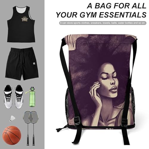 Drawstring Gym Backpack with Shoe Compartment And Wet Pocket, 28L Lightweight Waterproof African Hair Black Women Sports Backpack for Workout Swim Beach Travel String Bag for Men Women3
