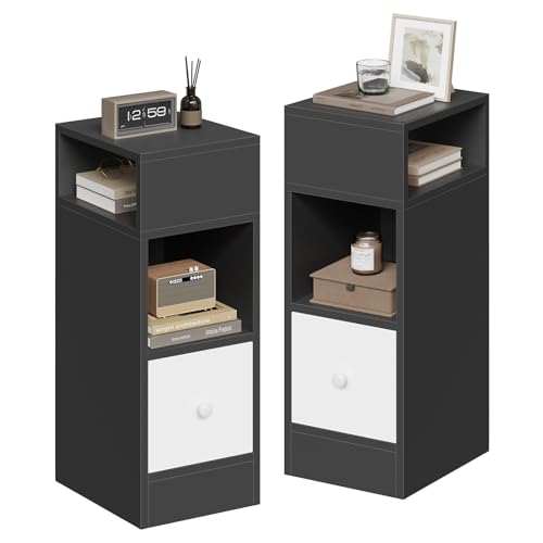 EUGAD 2X Mesitas de Noche con 2 Compartimentos y 1 Cajón, 25x30x66 cm, Mesilla de Noche Estrecha Dormitorio, Estilo Moderno, Mesita Auxiliar Alta de Madera, Gris Oscuro, 0010CTG-2