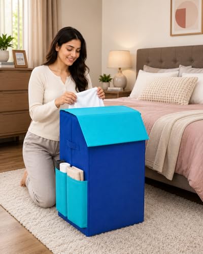 Image of 75 Liter Non Woven Laundry Basket with 2 Side Pockets for Socks and Handkerchief |Foldable Clothes Storage Bin Organizer for Dirty Clothes, Kids Toys, Bedroom & Bathroom (Dark & light blue)